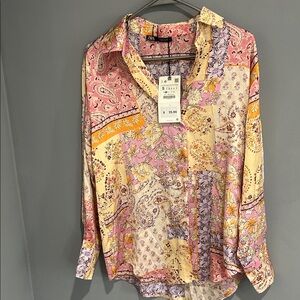 Zara Women's Multicolor Paisley Patchwork Button Down Shirt